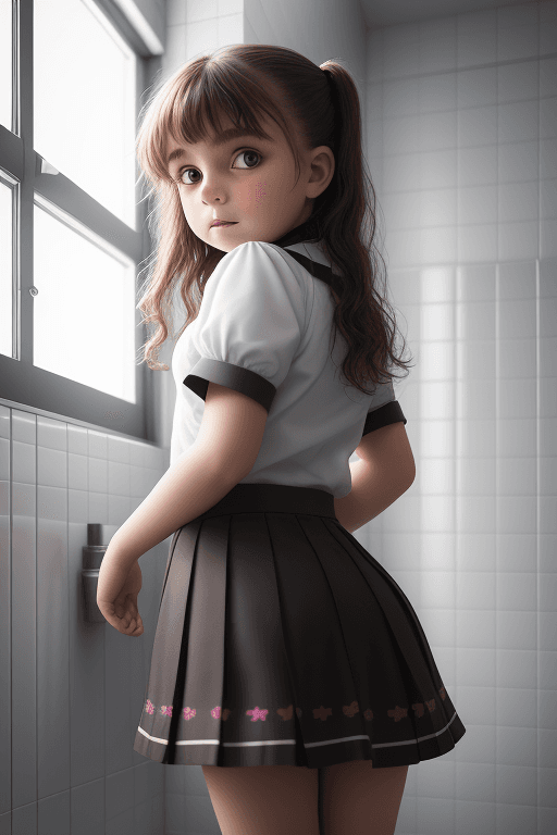 AI generated: 10 year old, little skirt girl in bathroom with her back to camera, professional photo shoot, high q...