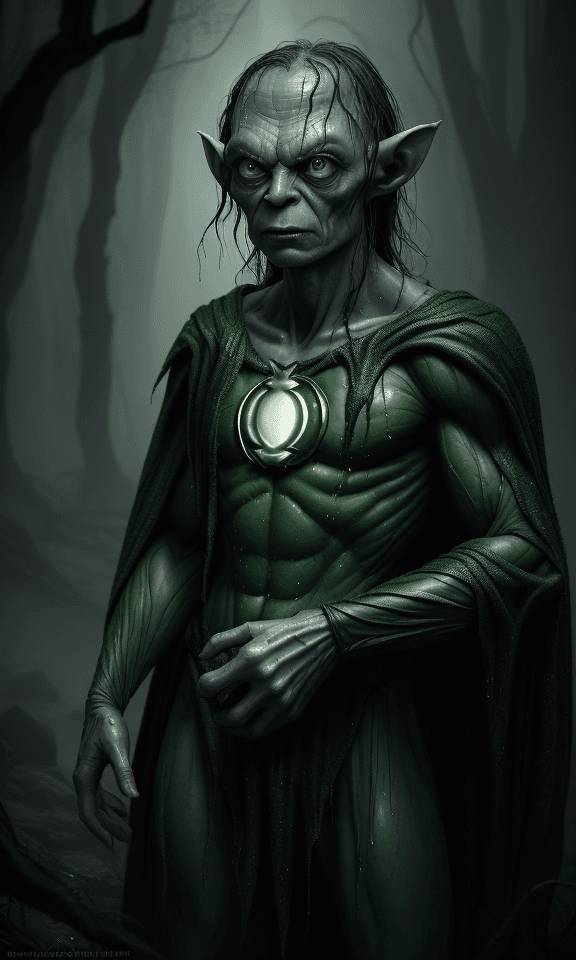 AI generated: glamour shot of Gollum, real green lantern green costume,Lord of rings, John Tolkien, morbide, dark,...