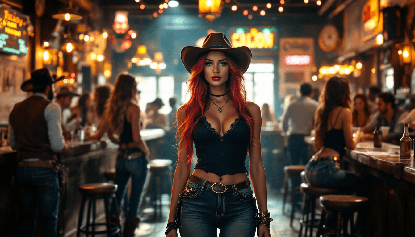AI generated: wide view of a saloon. A Vibrant Old West saloon filled with lively patrons and lovely, buxom female...