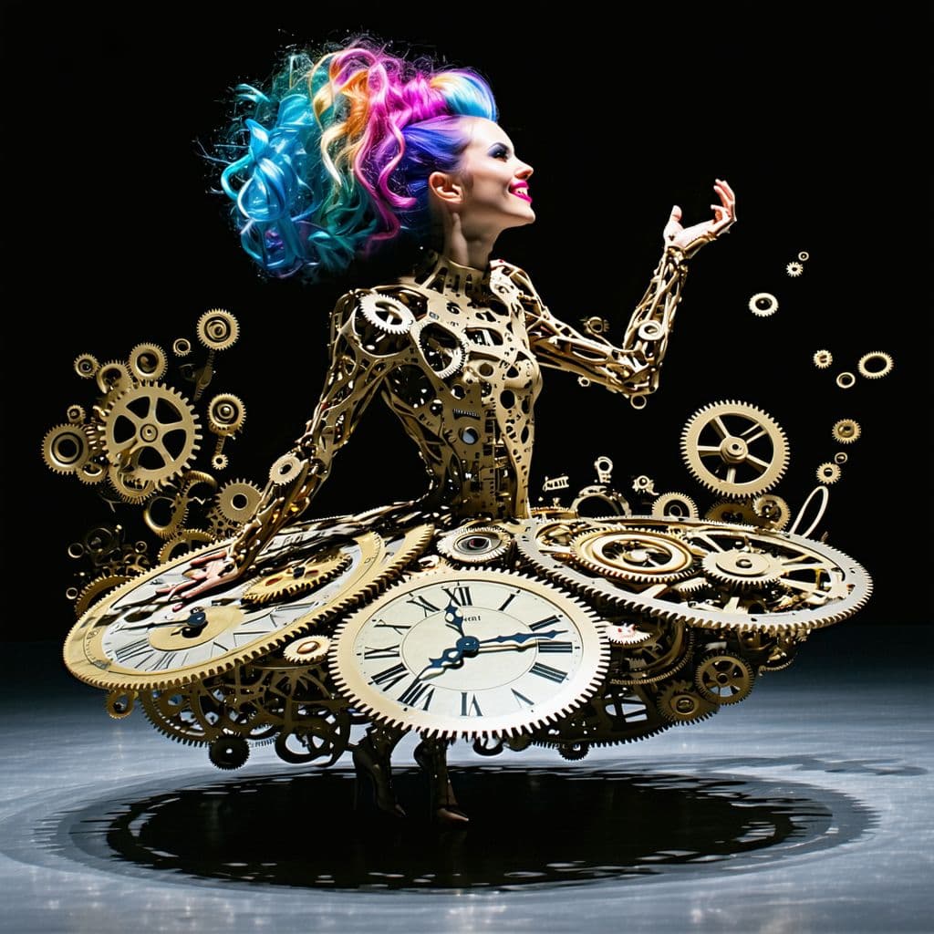 AI generated: A playful clockwork artificer, with multi-colored hair, and a dress adorned with shifting gears that...
