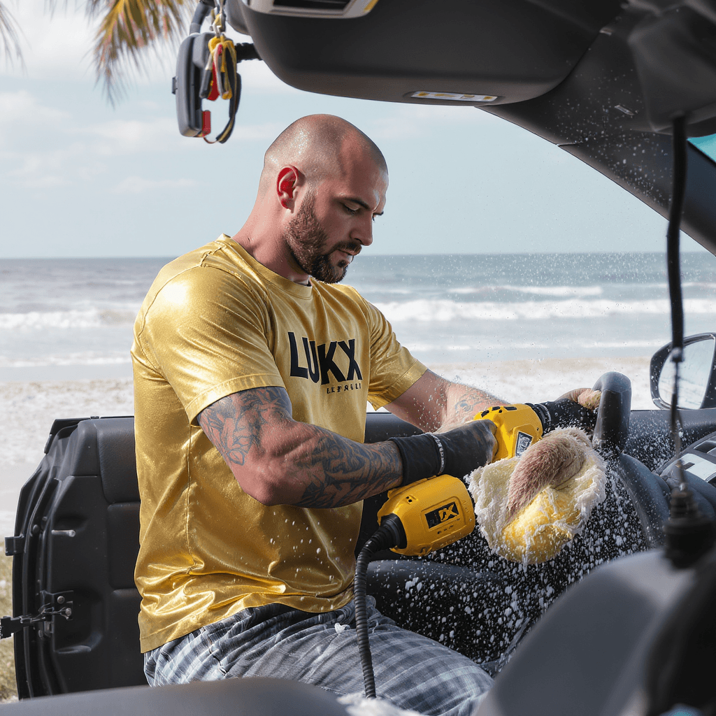 AI generated: 28 year old Serbian man, bald with short beard, in gold t-shirt, with Lukx Detailing in black letter...