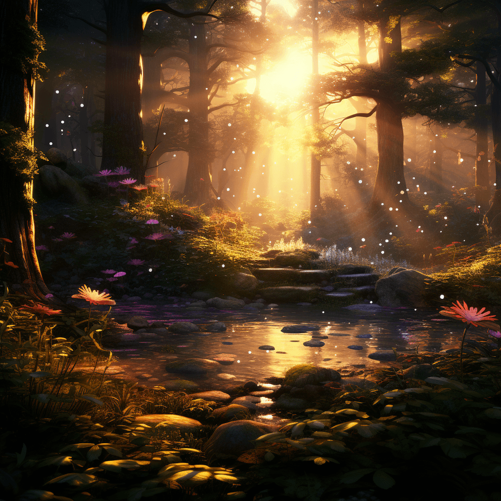 AI generated: magical glowing forest with sunlight