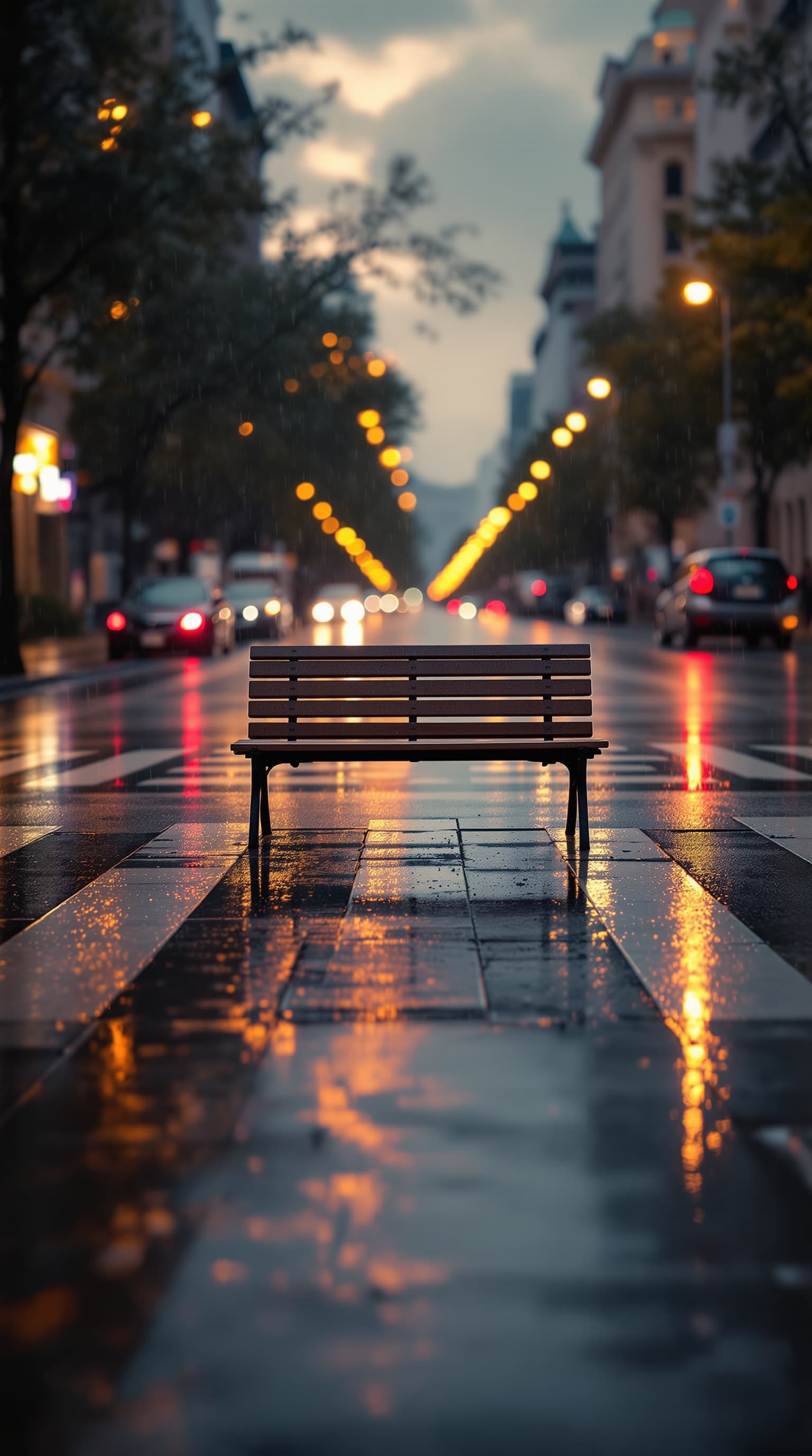 AI generated: A hyperrealistic photograph of an old wooden bench placed in the middle of a city crosswalk at dusk,...