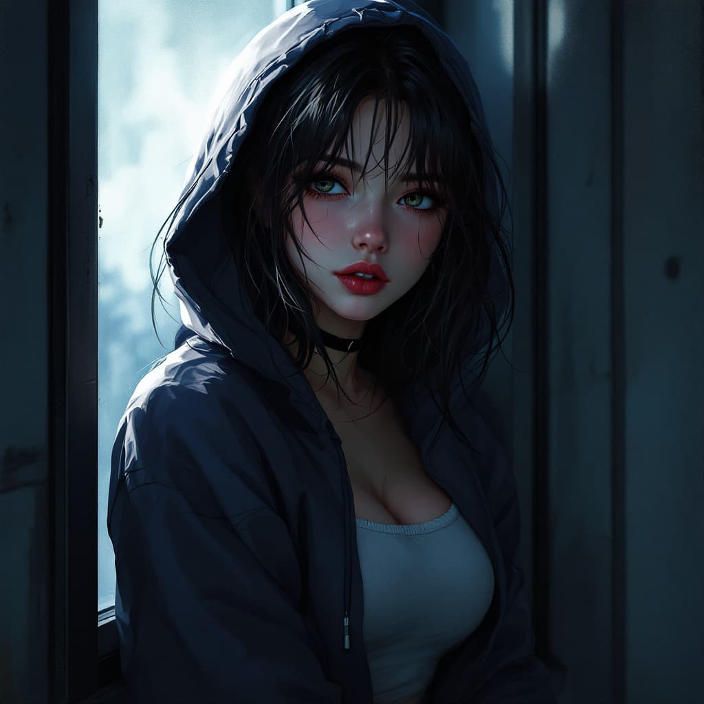 AI generated: half body portrait of a beautiful girl by a window, hoodie, dynamic lighting, shadows, sultry, anime...