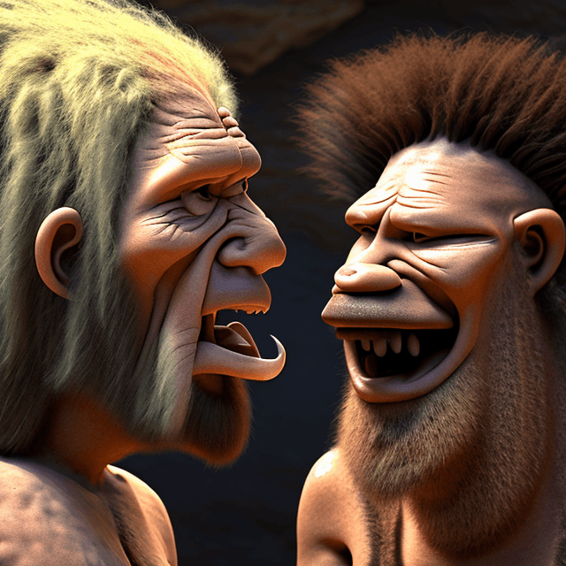 AI generated:  an old prehistoric caveman talking to a young prehistoric man in a prehistoric cave, two men only, ...