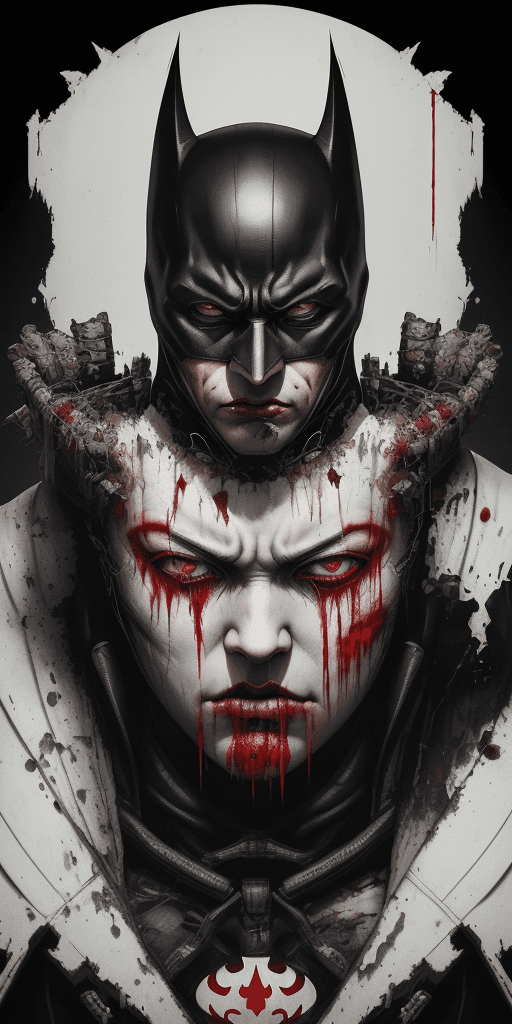 AI generated: Large white border all round. Overlay Japanese type. A poster with of batman extremely detailed eyes...