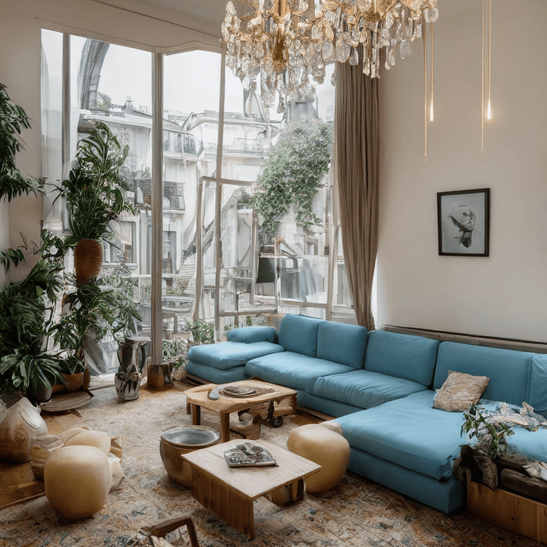 AI generated: high resolution photography interior design, dreamy sunken living room conversation pit, wooden floo...