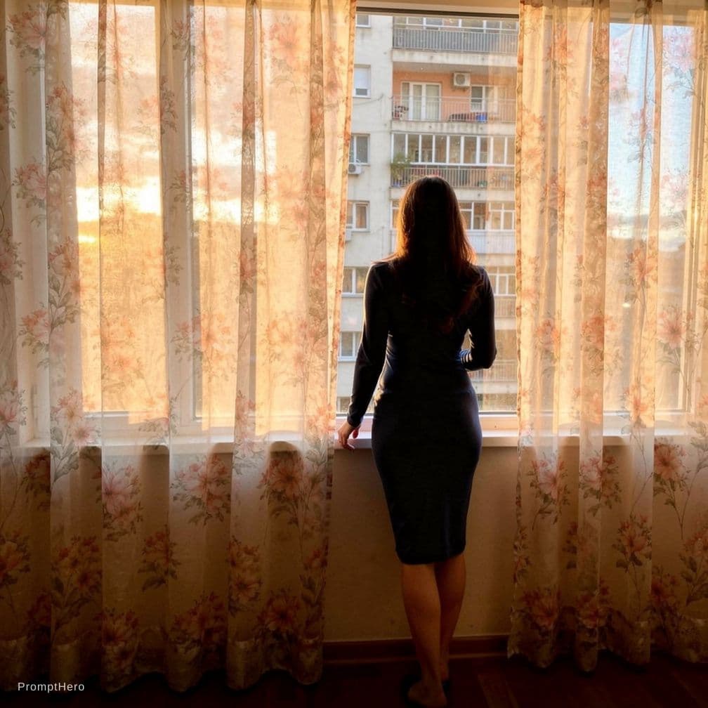 AI generated: The fully nude woman stands completely ((back)) exposing her buttocks and back, looking out a window...