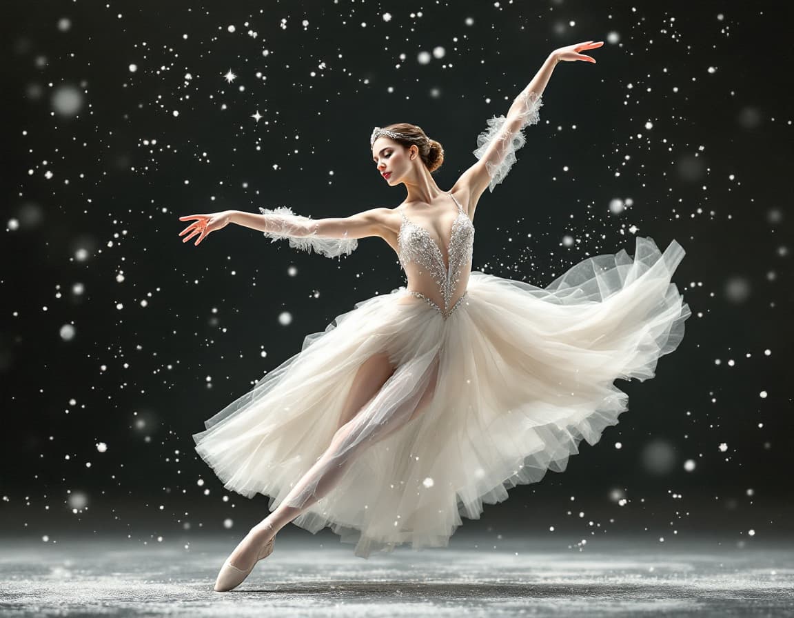 AI generated: Uma bailarina elegante inspirada em Anna Pavlova dançando 'O Lago dos Cisnes', com uma roupa branca ...