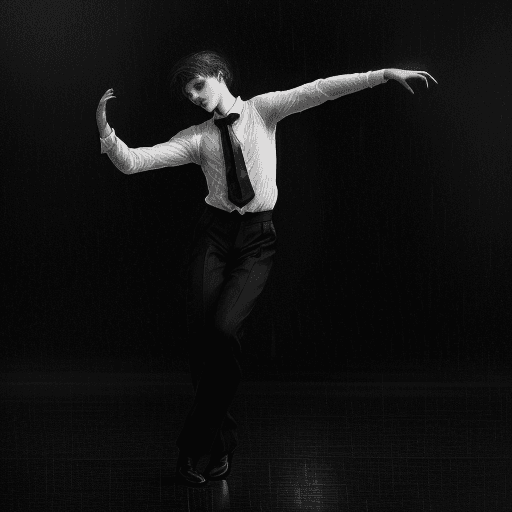 AI generated: a young man dancing alone,raining, in the style of black and white realism, atmospheric impressionis...