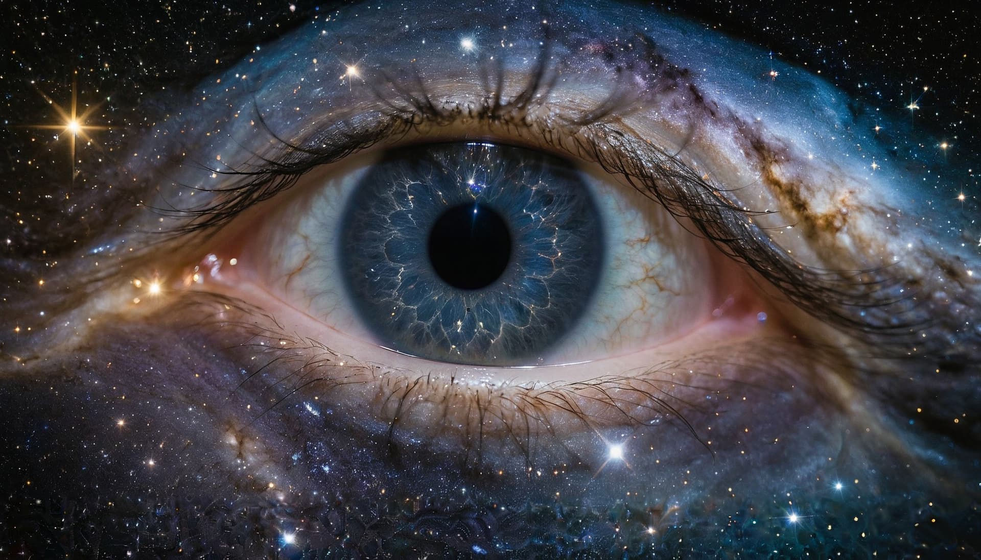 AI generated: Photo of a highly detailed human eye with the twinkling stars, swirling galaxies, and nebulous gas c...