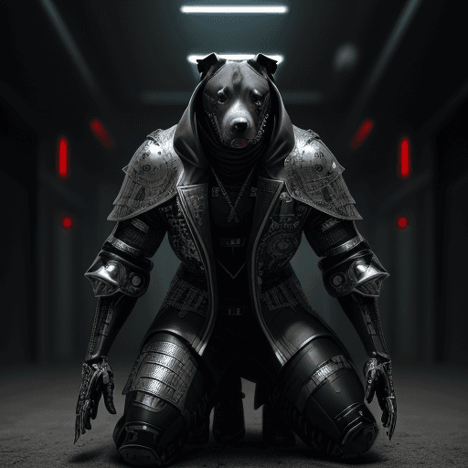 AI generated: kneeling dog pitbull knight,hyperrealistic futuristic soldier dog wearing cyberpunk venom jacket bla...
