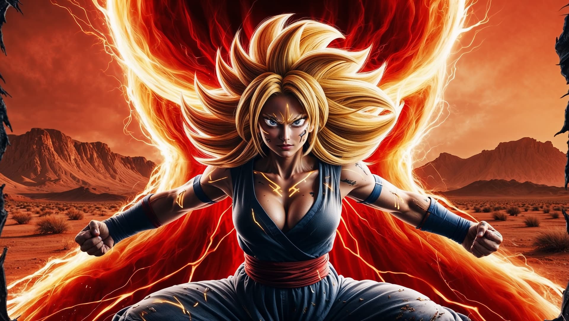 AI generated: high-contrast, artistic portrait photography of a stunning, female Goku-inspired warrior, captured i...