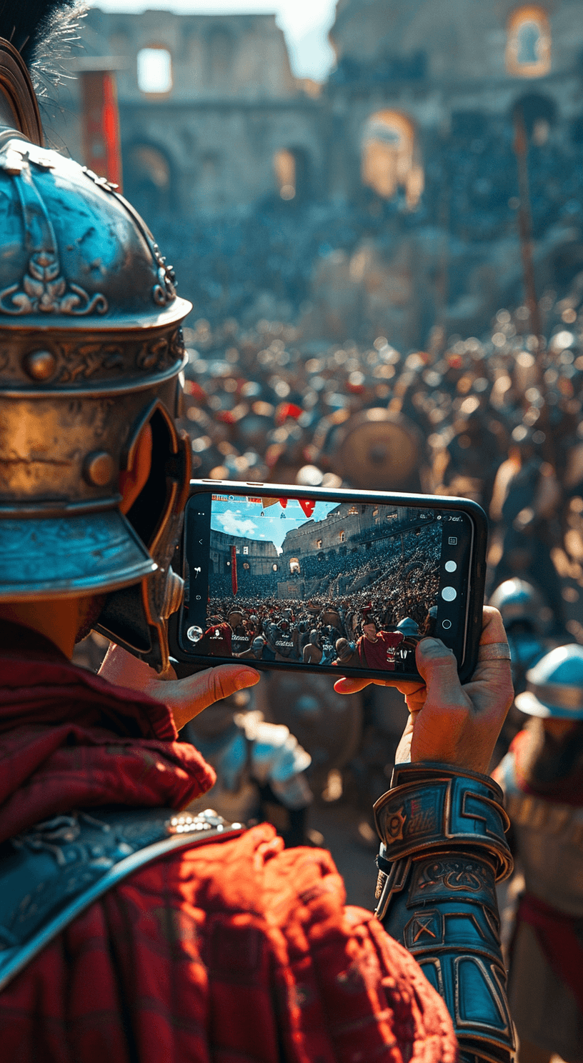 AI generated: a crowd of people holding their phones with gladiator fights in the Roman Coliseum, hyper-detailed, ...