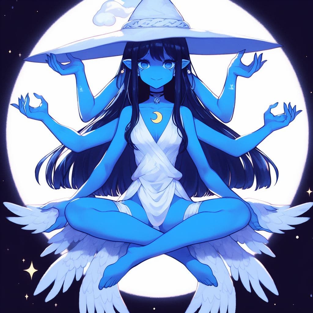 AI generated: A blue-skinned girl with four arms, dark blue hair, and a white witch hat sitting on the moon with a...