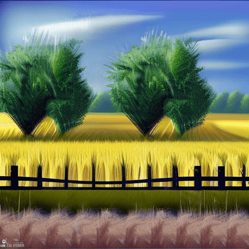 AI generated: a realistic digital oil painting of a house in the middle of a wheat field with a fence and trees su...