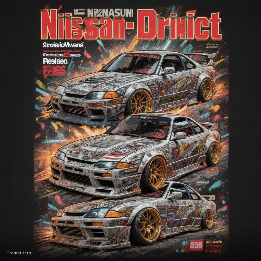 AI generated: highly detailed infographic of modified Nissan s14 cars found in popular mechanics magazine | vintag...