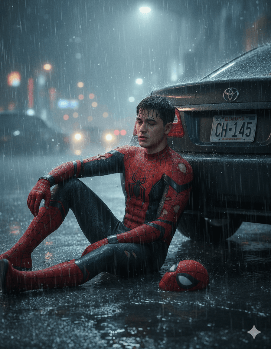 AI generated: A cinematic, hyper-realistic scene of a tired superhero in a red-and-black spider suit sitting on a ...