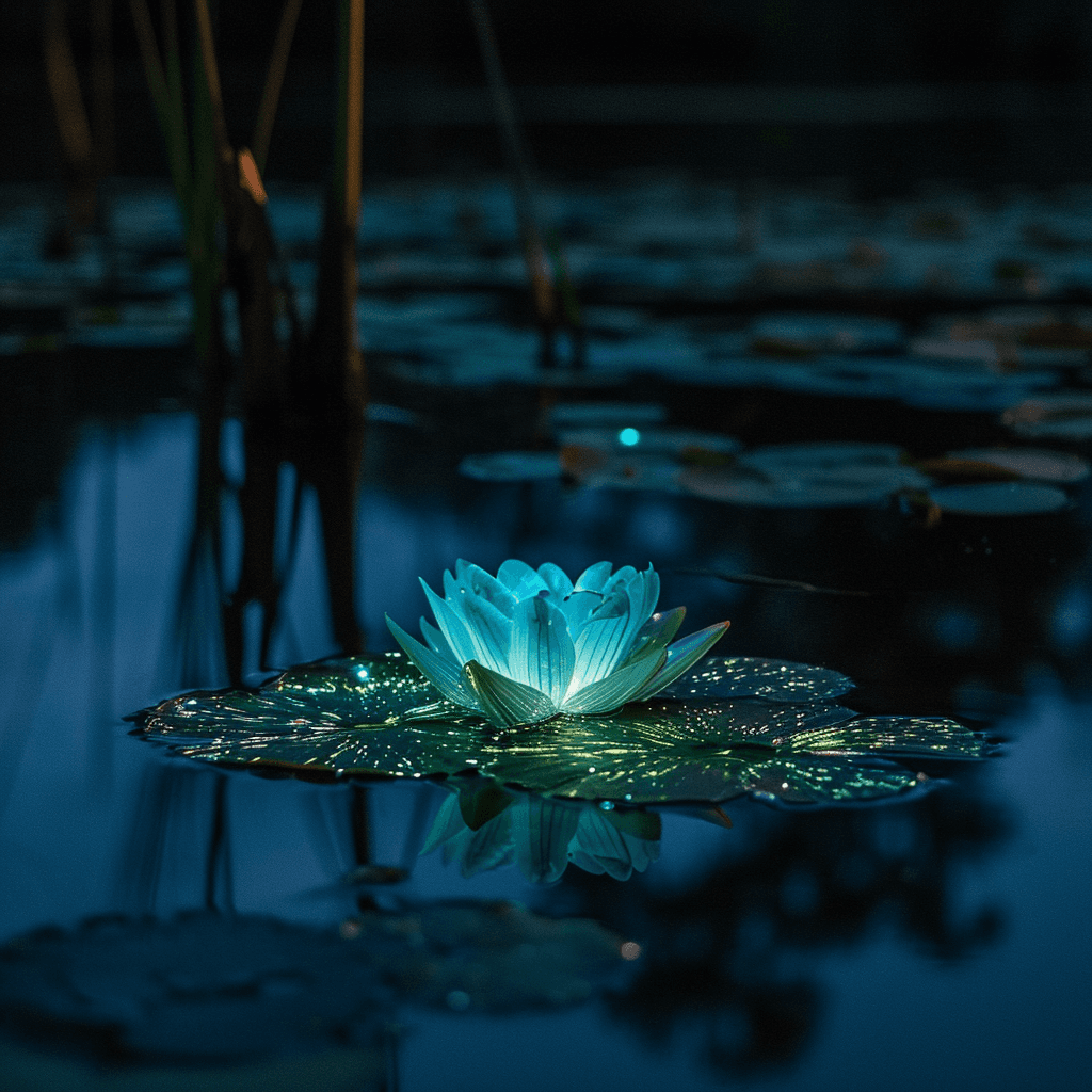 AI generated: 
Landscape photography, bioluminescent glowing bright lilly pad on dark water, glowing, bioluminesc...
