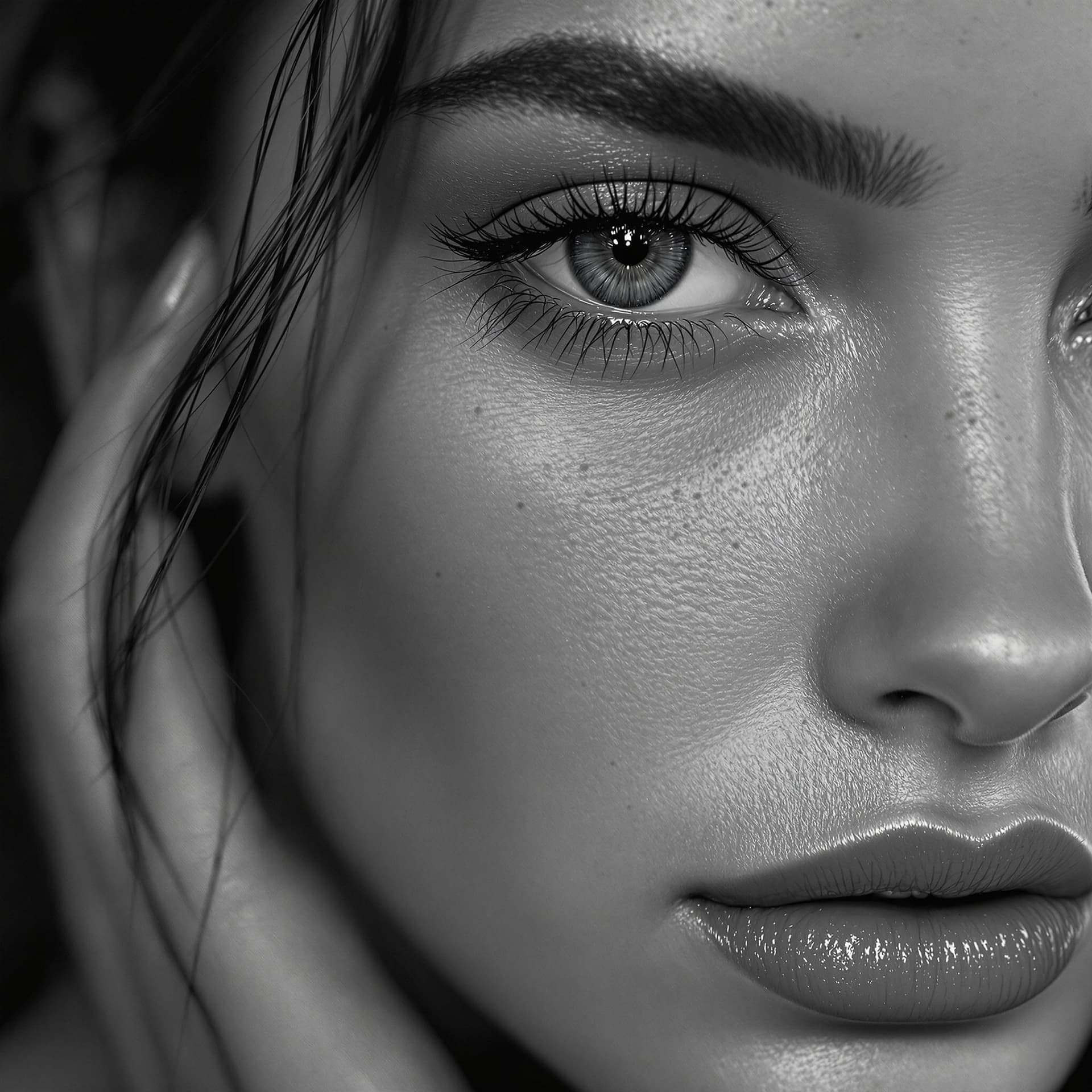 AI generated: fashion photography, cover photo, black and white, female model, facing the camera, shot on Sony A7 ...