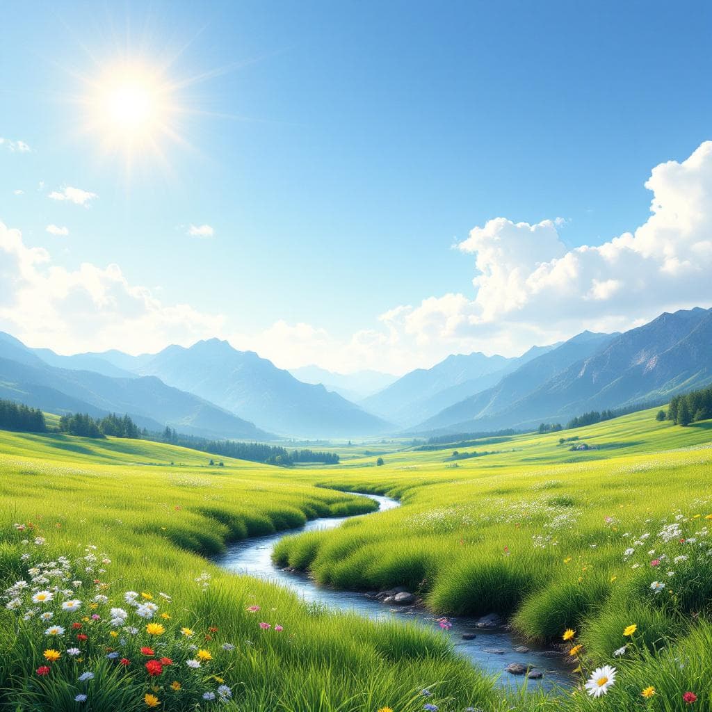 AI generated: Bright new day with mountains in background. Fields of green with wildflowers and s stream running t...