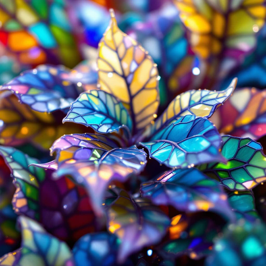 AI generated: A close-up of an imaginary plant, with leaves that resemble stained glass. The style is reminiscent ...