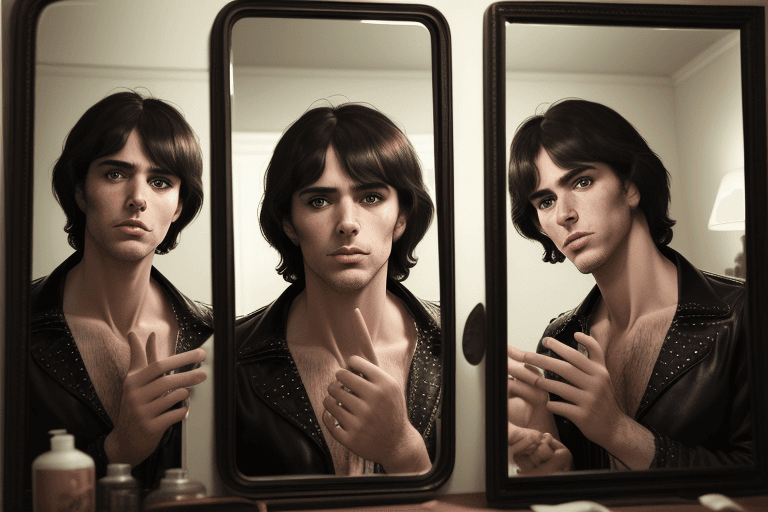 AI generated: Hyper-realistic portrait of a 60's rock band frontman, The frontman, having short dark hair and show...