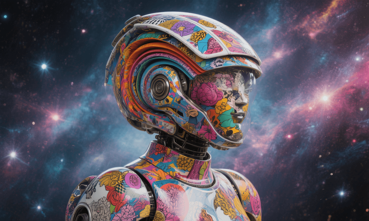 AI generated:  An  surrealistic android with  a stacked multi dimension layered futurist  strange helmet and resem...