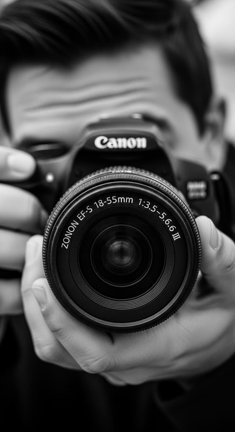 AI generated: Subject: The central focus is a Canon EF-S 18-55mm 1:3.5-5.6 III zoom lens mounted on a camera body ...