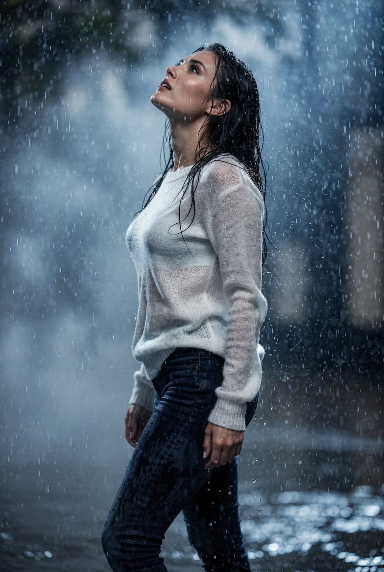 AI generated: Create an image with the attached photo of an elegant woman standing in intense rain, soaked, and a ...
