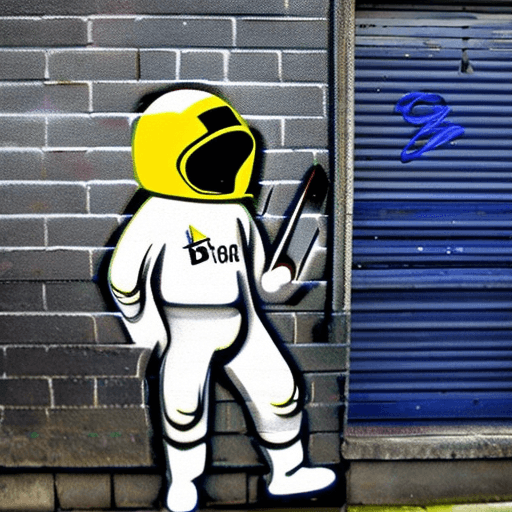 AI generated: graffiti art painting of a young boy wearing an astronaut helmet, staring up at his dad who is on hi...