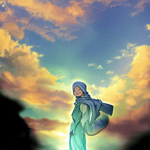 AI generated: Hijabi warrior girl in light clothing, style artist oyari ashito, against the sky, sunny day, portra...