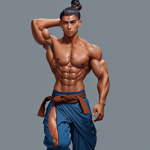 AI generated: Tan skin, deep olive skin, athletic body, abs, lean figure, lean muscles, martial artist, deeply tan...