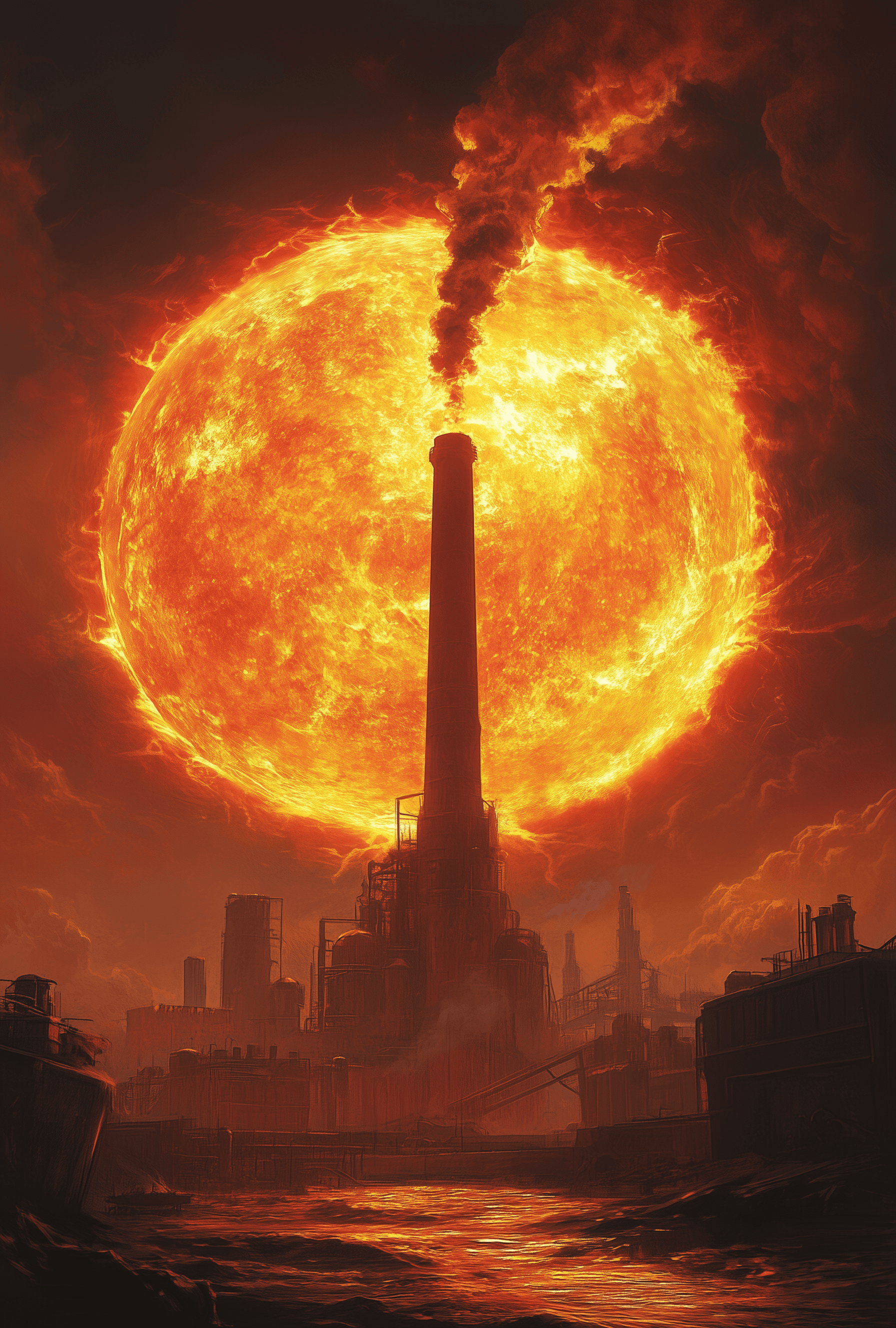 AI generated: A giant, burning sun, the surface of which is made up of white marble. There's an old industrial chi...