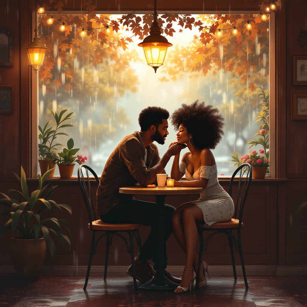 AI generated: Isolated on a solid white background. A romantic afro american couple in a cozy cafe on a rainy afte...