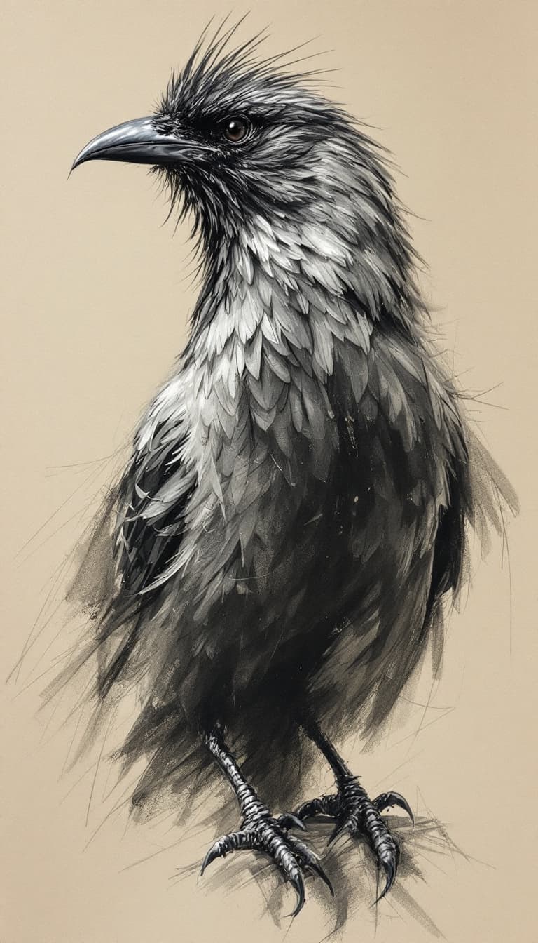 AI generated: bird, charismatic, charcoal sketch