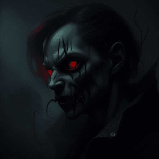 AI generated: a creepy demon made out of fog and smoke, wide green, red eyes, sinister look, holding a needle and ...
