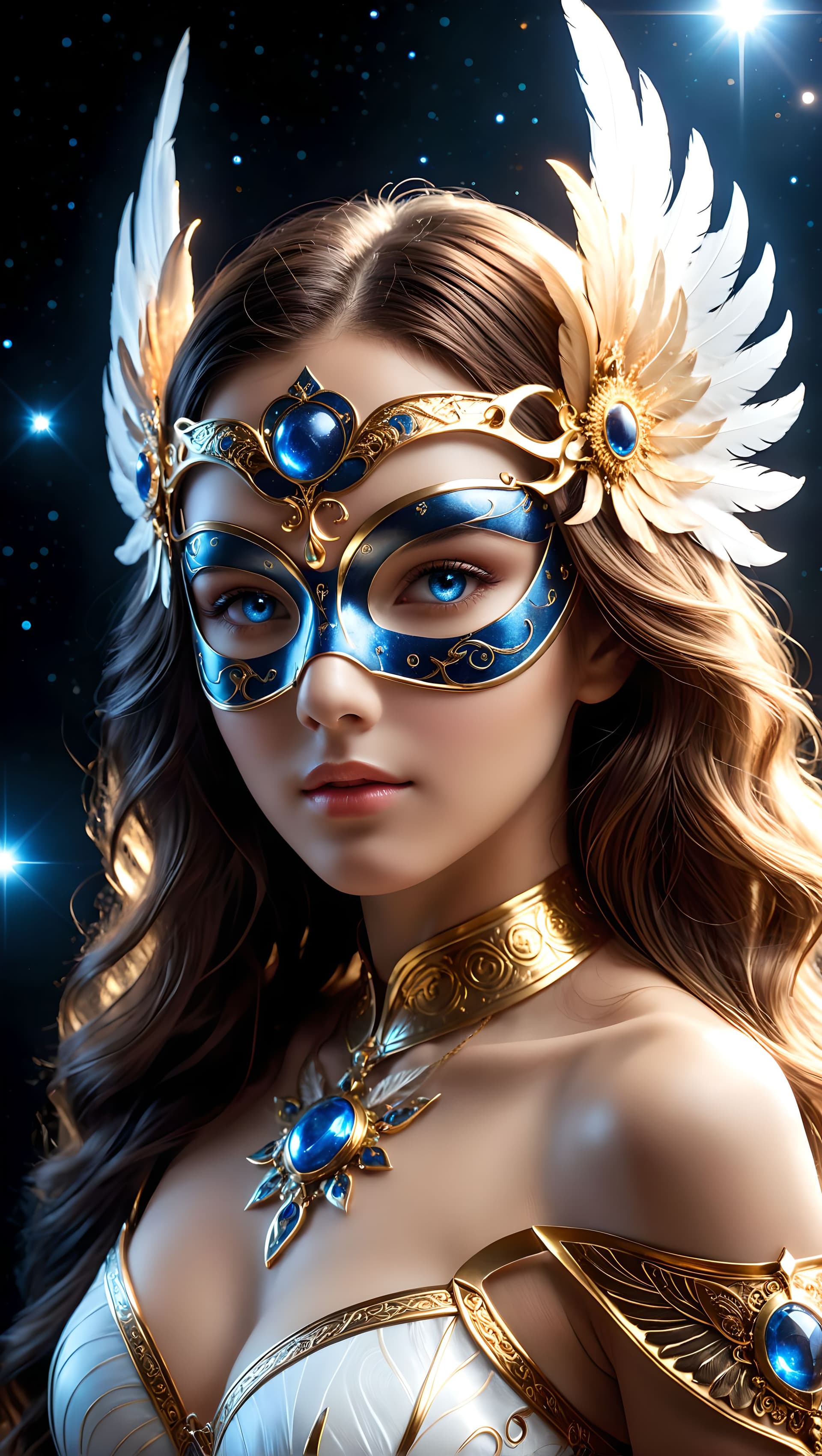 AI generated: A divine mask radiating celestial energy, its golden surface engraved with sacred symbols, glowing s...