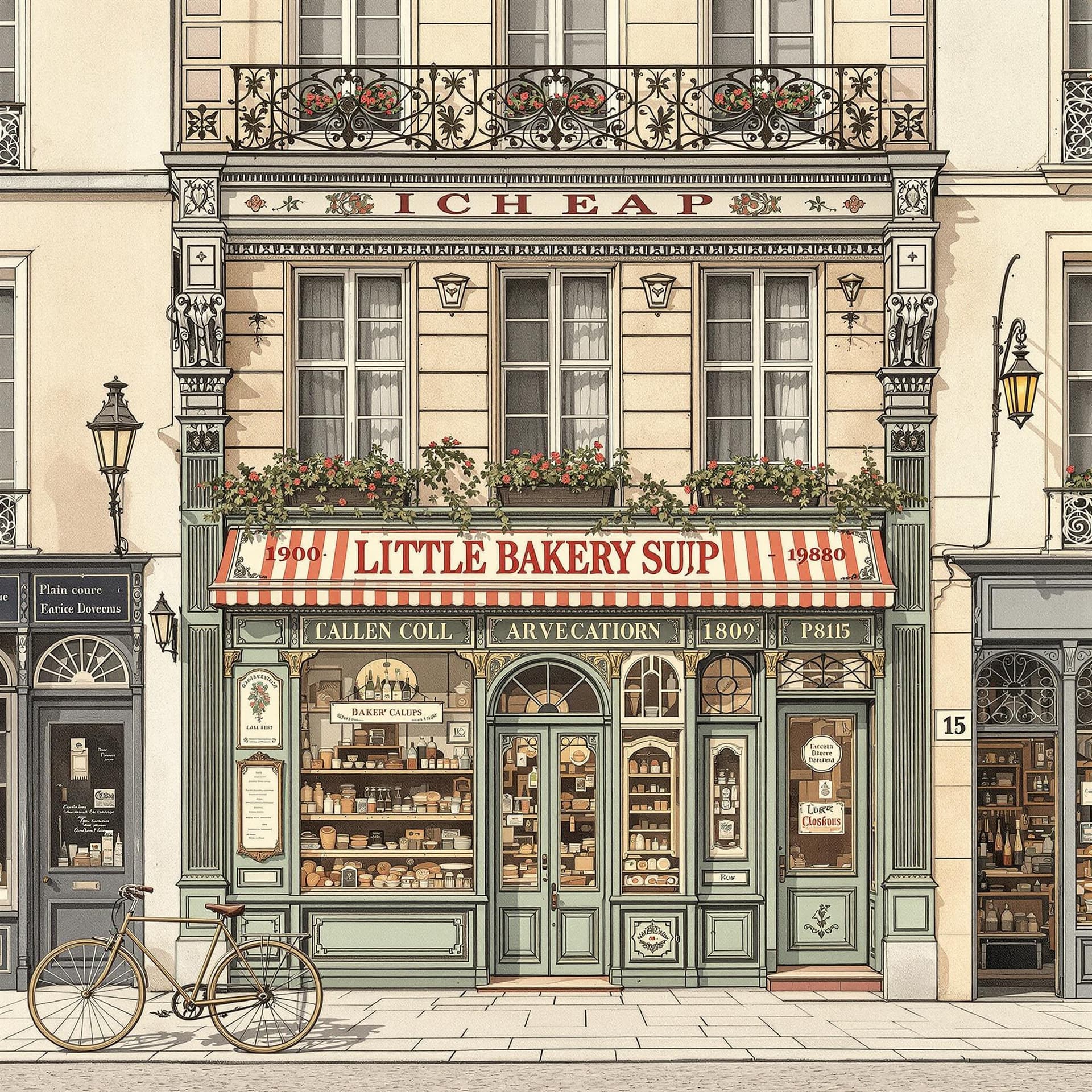 AI generated: Paris 1880, detailed color illustration, a facade of a little bakery shop, front view, elevation, in...