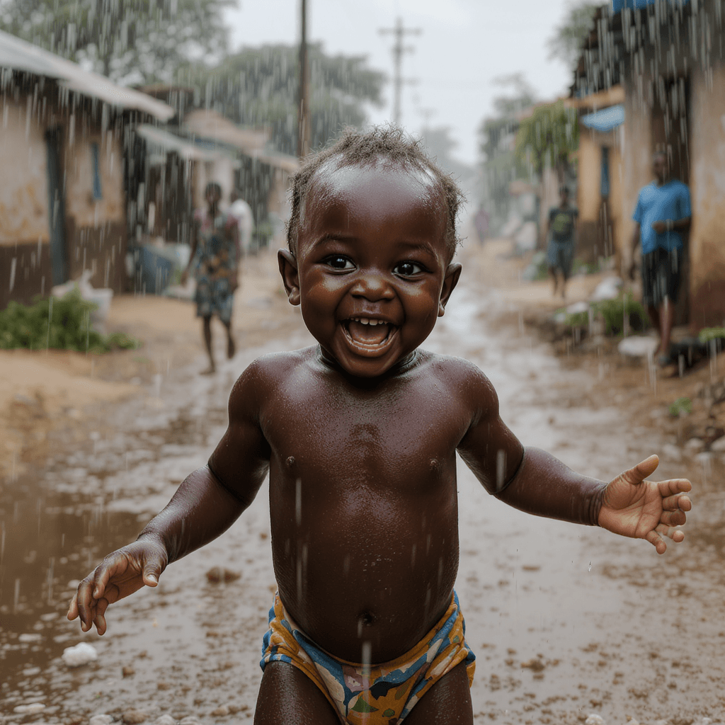 AI generated: A happy child in a small town in Ghana, playing in the rain 
