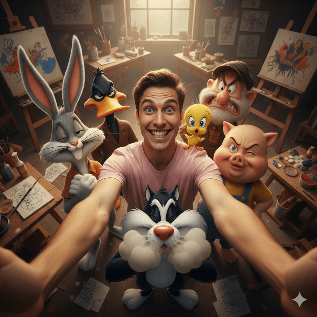 AI generated: Ultra-realistic 4:5 vertical format ultra wide angle 13mm selfie of me with Bugs Bunny, Daffy Duck, ...