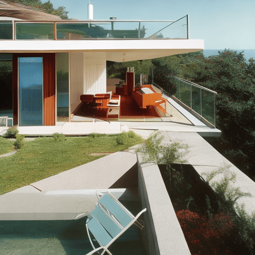 AI generated: Hyper realistic eye level exterior photo of a mid century modern style house overlooking the ocean, ...