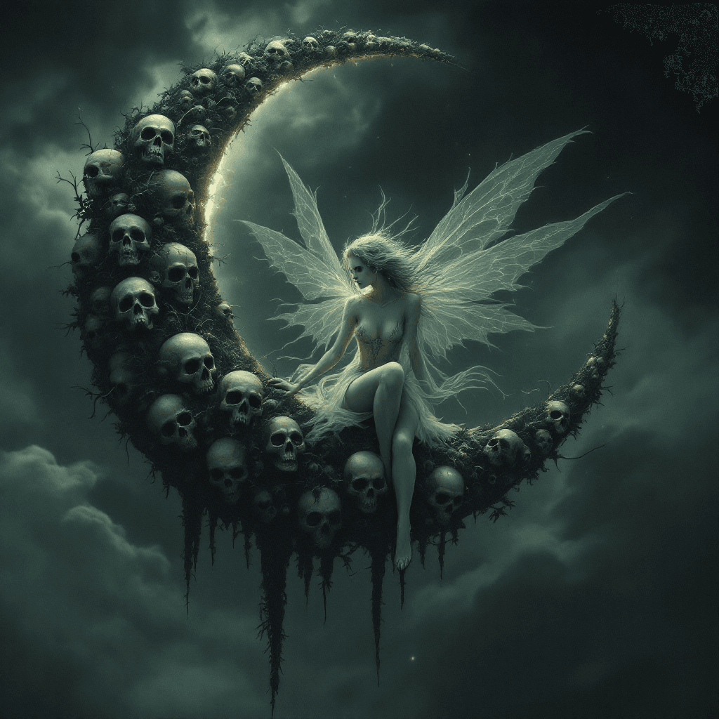 AI generated: Create a dark fantasy scene featuring a mystical fairy perched on a crescent moon adorned with skull...