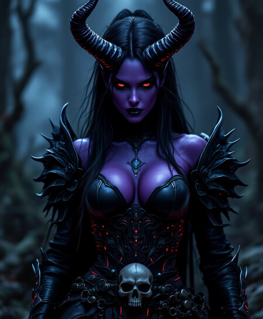 AI generated: a female demoness with full purple skin over her whole body, fierce horns emanating from her head, p...
