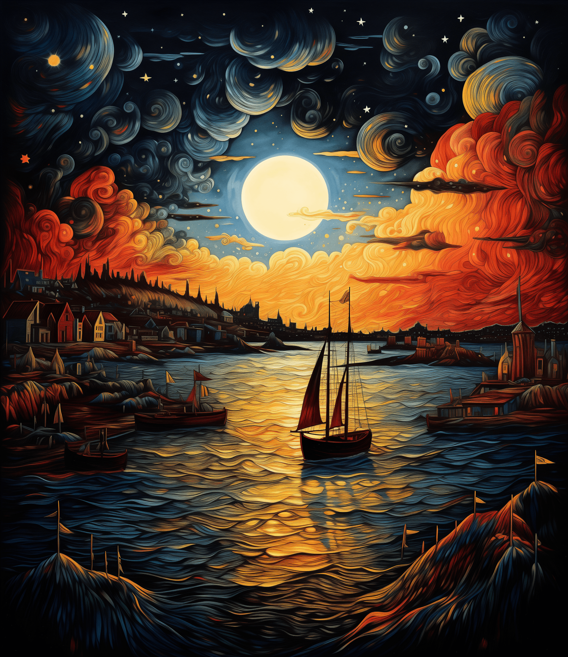 AI generated: detailed colored drawing of the sky at night with dark clouds and moon, there is an island in front ...
