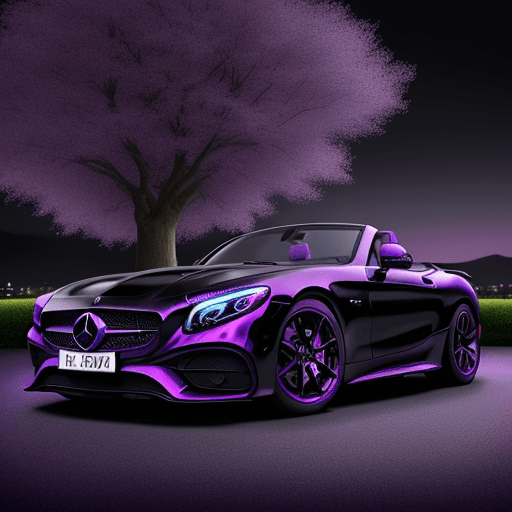 AI generated: a black sports car parked under a purple tree, purple and black, nice colors, 8 k highly detailed, b...