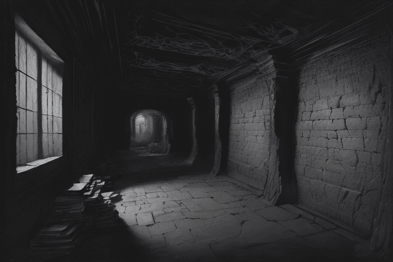 AI generated: A painting of a underground room with walls carved with same open books filled with cramped writing....