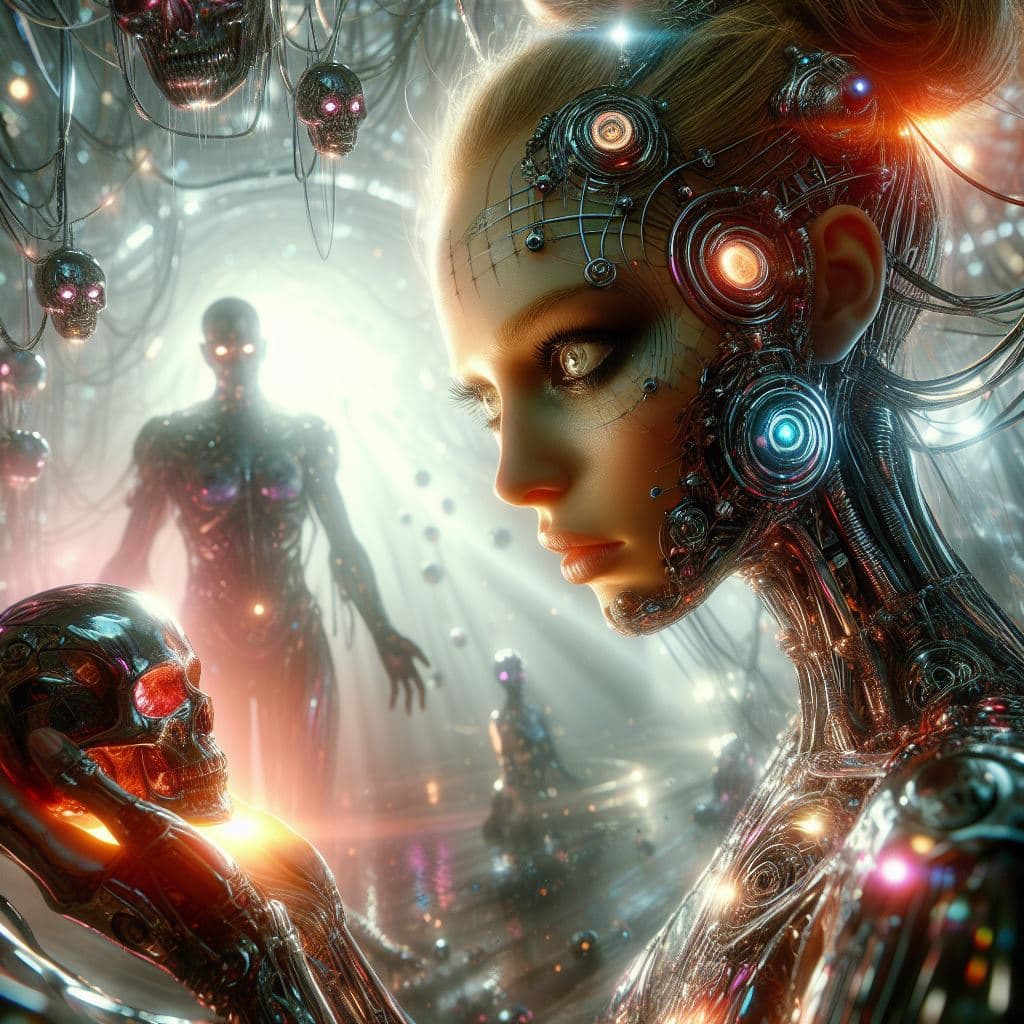 AI generated: disturbing scene, A bionic girl in a very strange mysterious World, beautiful and creepy ,different ...