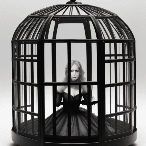 AI generated: this is the cage in which the woman finds herself. Black and gray are used.