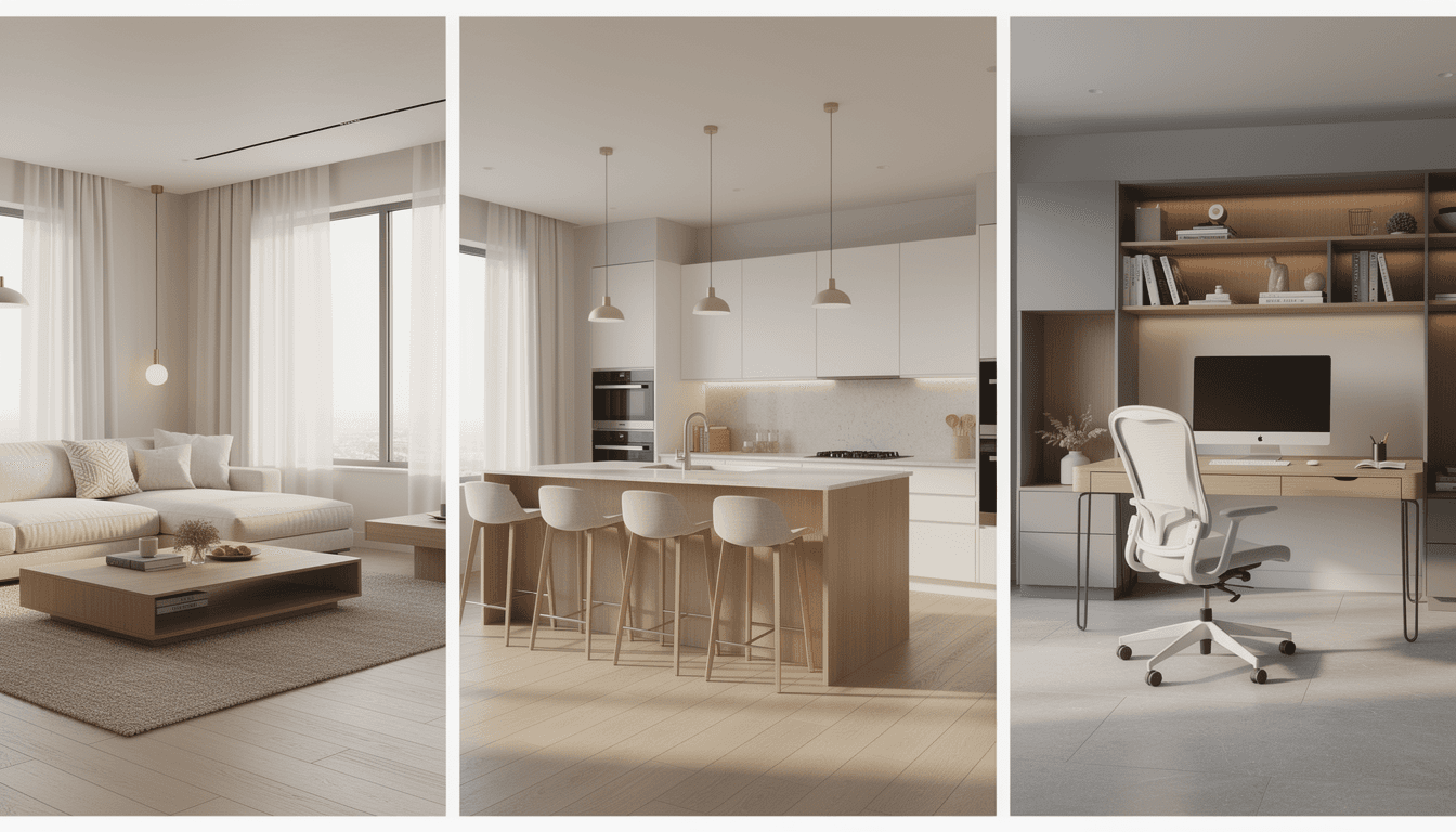 AI generated: premium interior design showcase, collage of modern living room, kitchen and office space blended to...